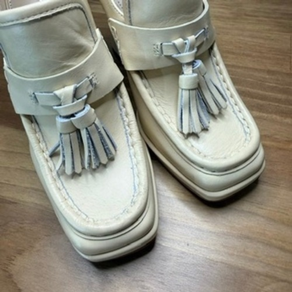 Sam Edelman Ivory Leather Platform Tassel Loafer Heels Size 6.5 - Picture 12 of 14